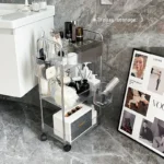 Kitchen Living Room Bathroom Storage Cart With Basket Plastic Transparent 4-layer Rolling Cart - Image 3